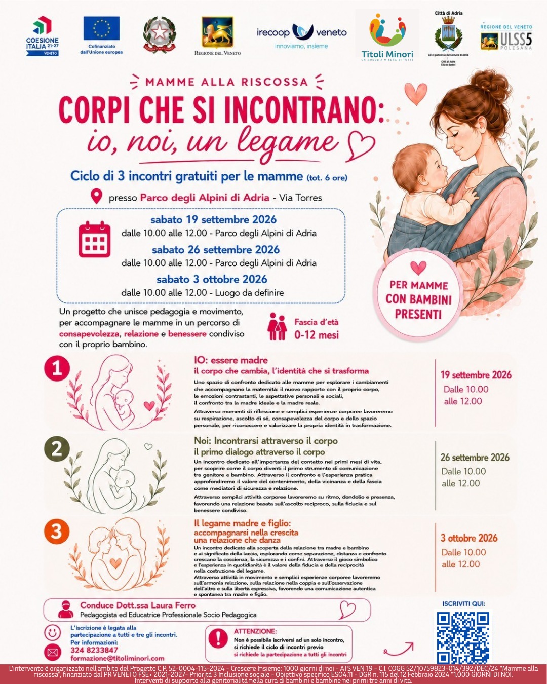 Volantino di incontri educativi per mamme con bambini, evento gratuito a settembre e ottobre al Parco degli Alpini di Adria.
