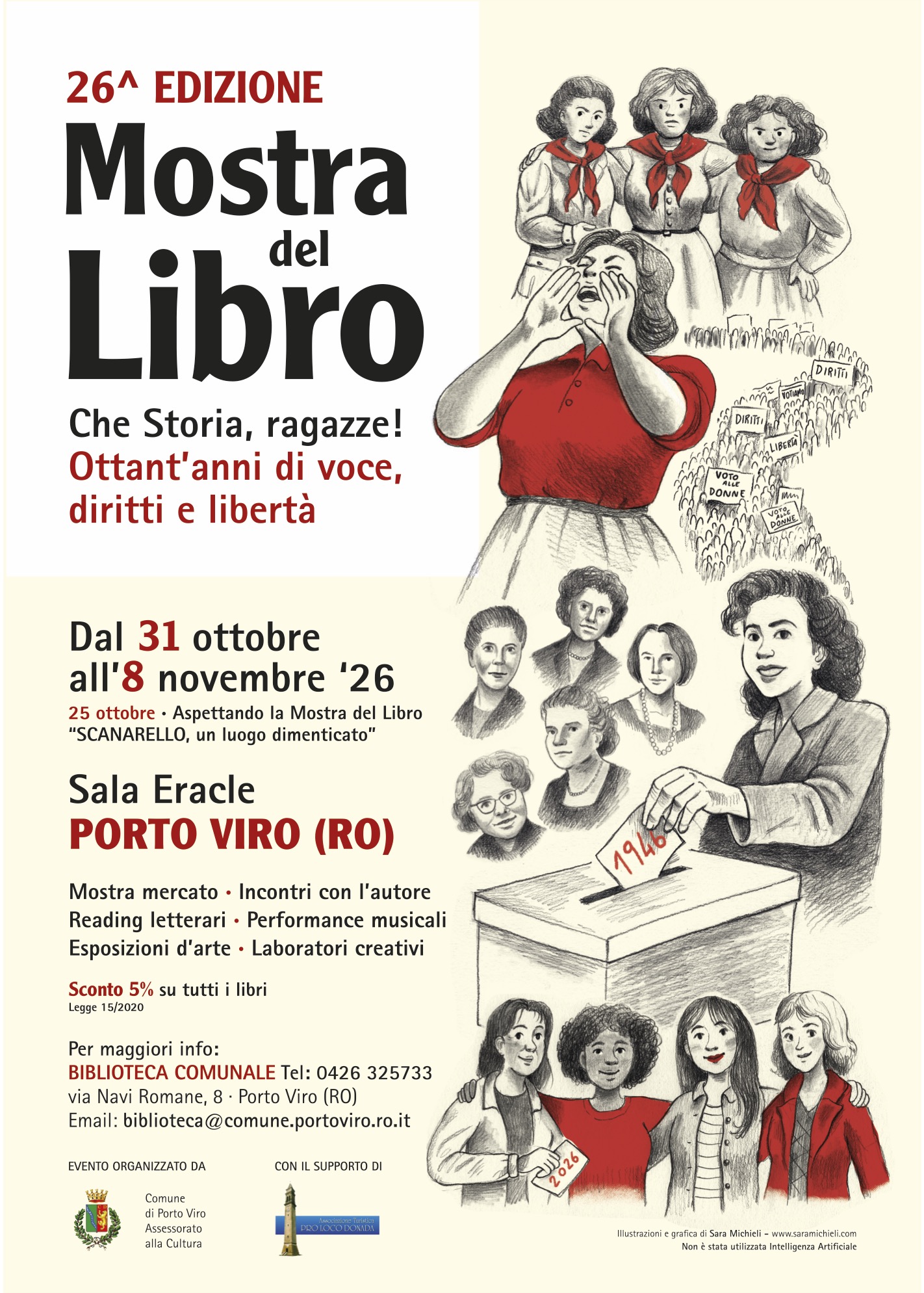 Locandina della 26ª Mostra del Libro a Porto Viro, tema: diritti delle donne, dal 31 ottobre all'8 novembre.