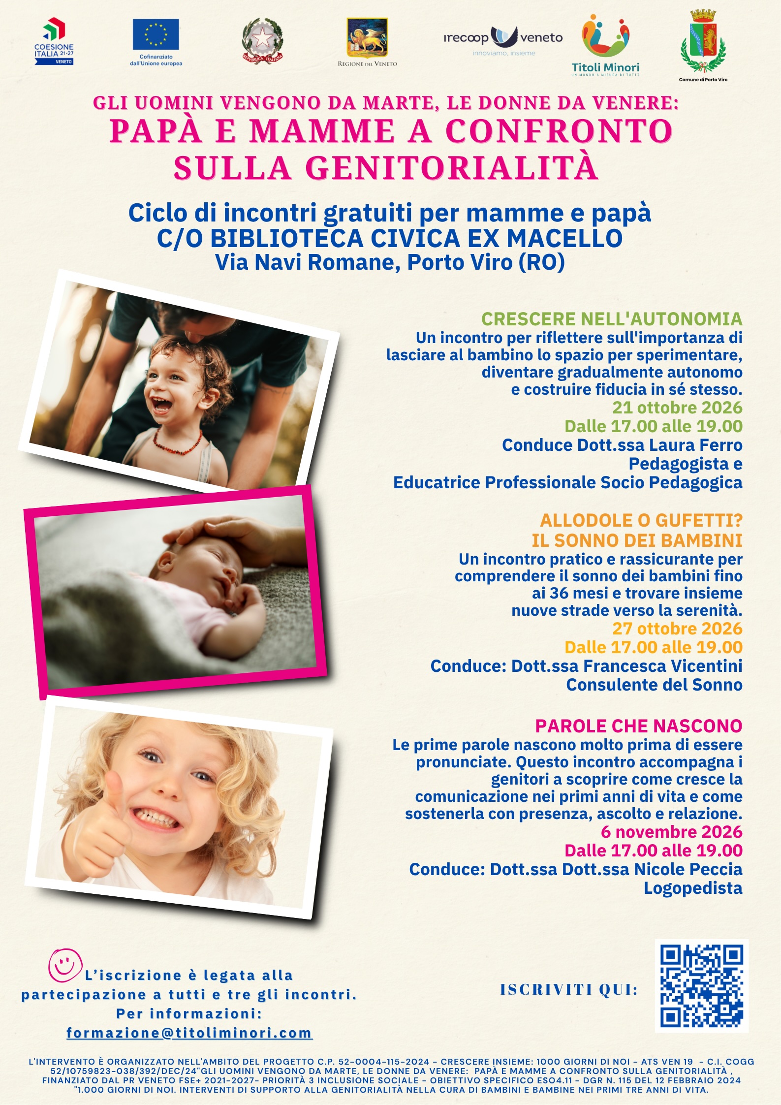 Volantino evento Papà e mamme a confronto sulla genitorialità a Porto Viro, ciclo incontri gratuiti su autonomia e sonno.
