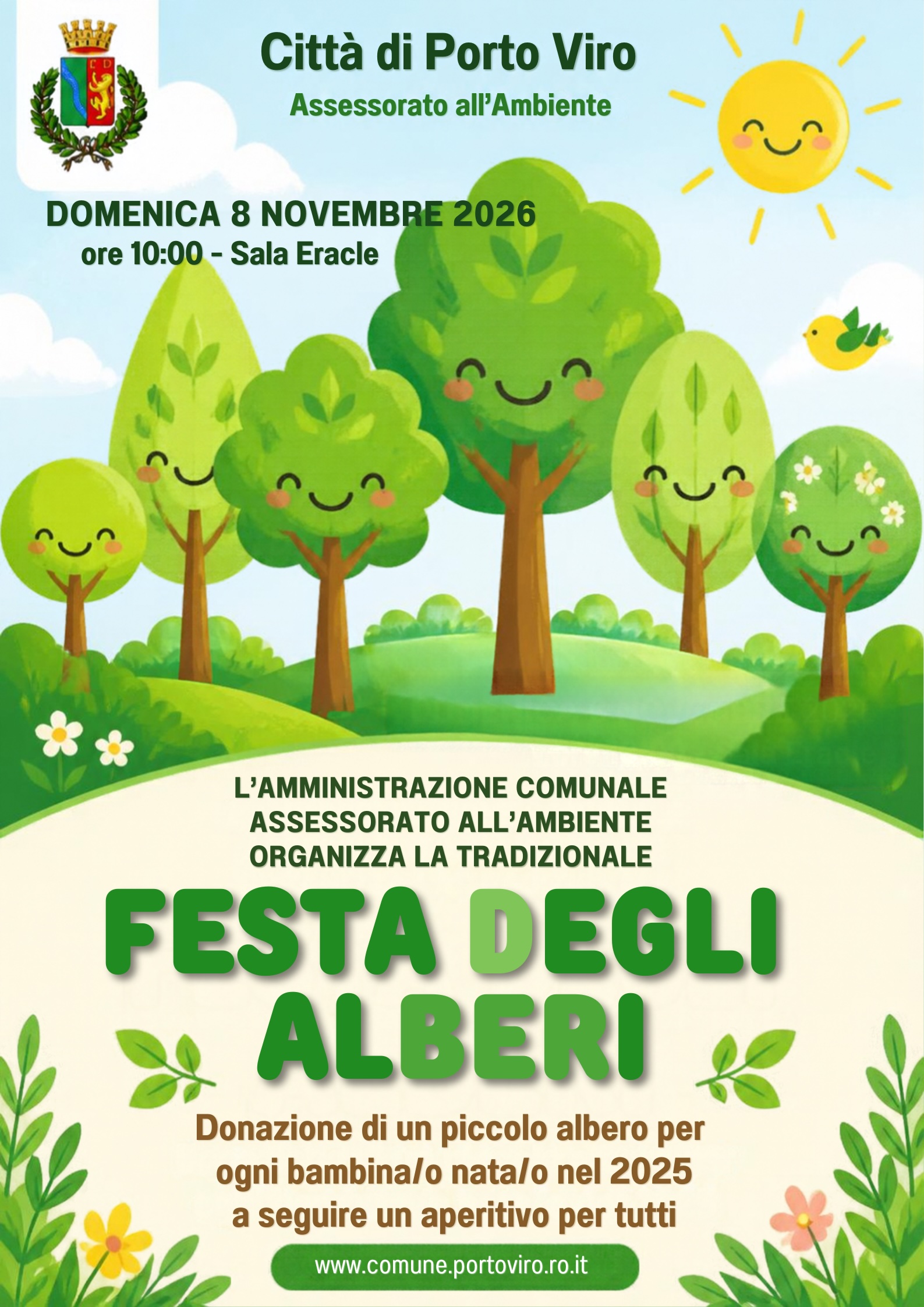 Manifesto Festa degli Alberi a Porto Viro, donazione alberi per i nati nel 2025, 8 novembre 2026, Sala Eracle.