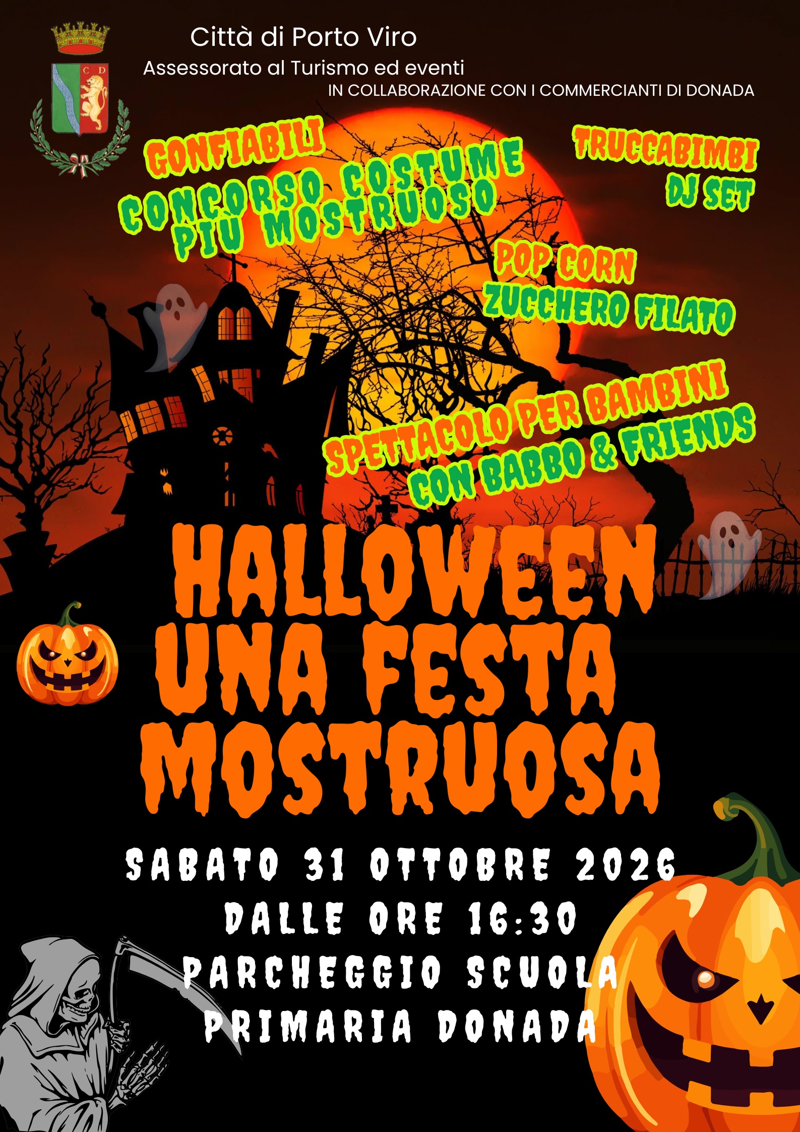 Halloween a Porto Viro: festa con giochi, spettacoli e concorso in costume. 31 ottobre, parcheggio scuola primaria Donada.